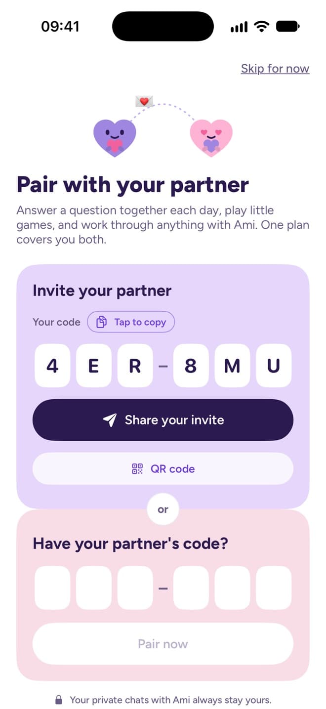 Pair with your partner: your six-letter code, Share your invite, or type in your partner's code
